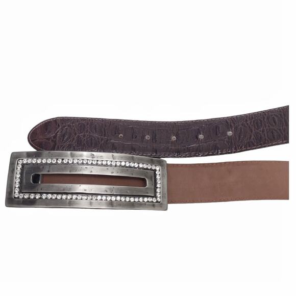 Brown Leather Textured Belt Approx Size M Rhinestone Buckle Accessories main image 5